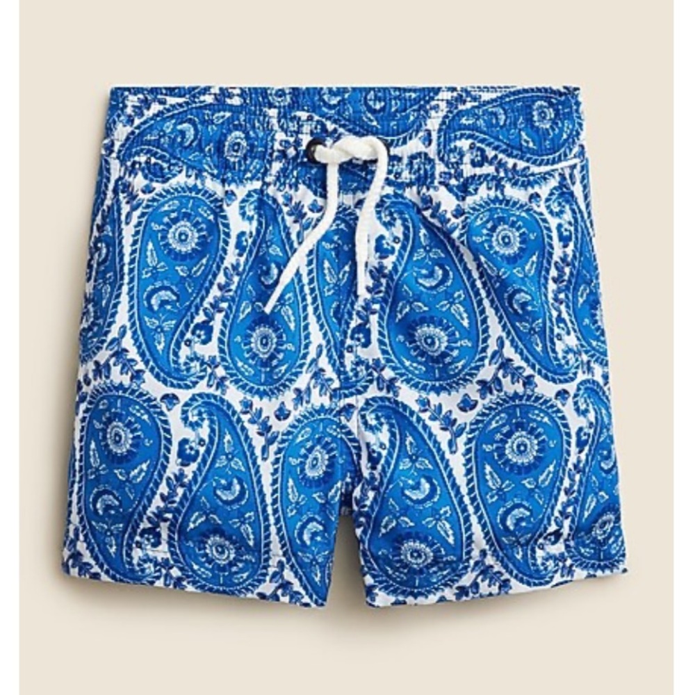 New with tags J.Crew boys blue and white paisley swim trunks UPF 50